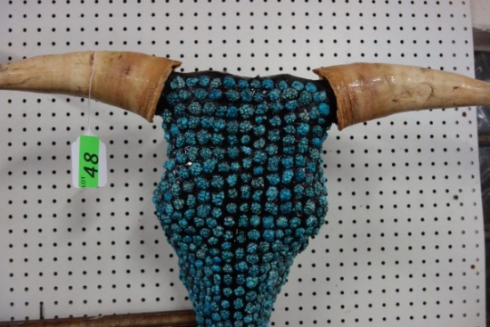 BULL SKULL WITH HORNS, SKULL COVERED WITH TURQUOISE