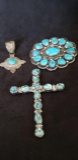 (2) TURQUOISE & STERLING PENDANTS & 1 PIN: