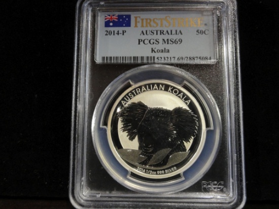 PCGS GRADED MS69 2014-P AUSTRALIA, KOALA 50¢ COIN