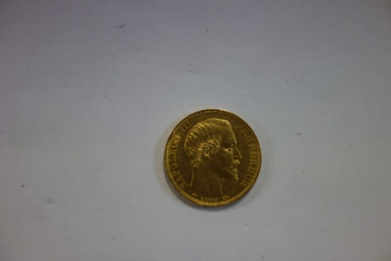 1859 FRANCE GOLD 20 FRANCS NAPOLEON III EMPIRE, .900 GOLD