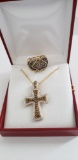 CHOCOLATE AND WHITE DIAMOND 14KT GOLD CROSS AND RING, CROSS=7.85G & RING=8.66G