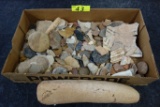 LARGE LOT OF BROKEN FLINT ARROWHEADS, PIECES, SCRAPERS, KNIVES, AND STONES