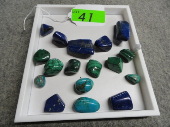 COLLECTION OF POLISHED LAPIS, MALACHITE & TURQUOISE STONES