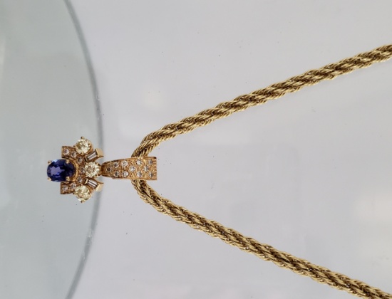 14KT YELLOW GOLD, TANZANITE AND DIAMOND PENDANT