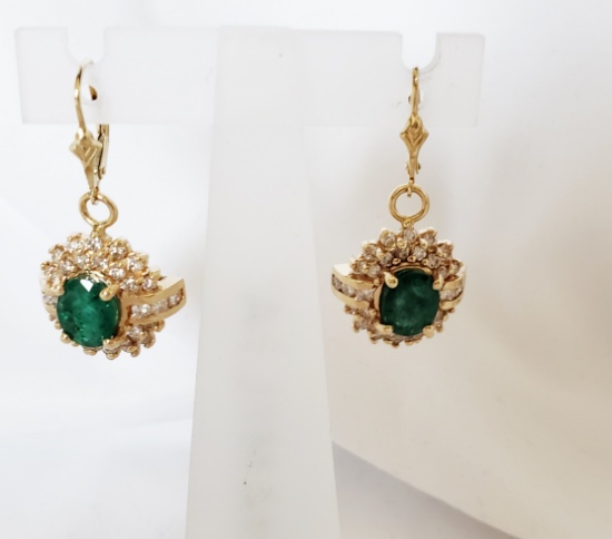14 KT GOLD, EMERALD & DIAMOND EARRINGS: