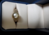 14 KT YELLOW GOLD PEARL AND DIAMOND RING
