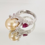 18 KT WHITE GOLD, PEARL, RUBY AND DIAMOND RING