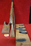 TOY MILITARY RIFLE, ASSORTED RIFLE BUTT PLATES, WOODEN BOOT JACK