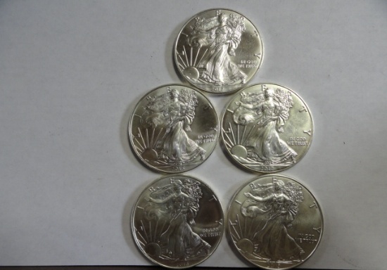 (5) AMERICAN EAGLE .999 FINE SILVER 1 TROY OUNCE COINS: