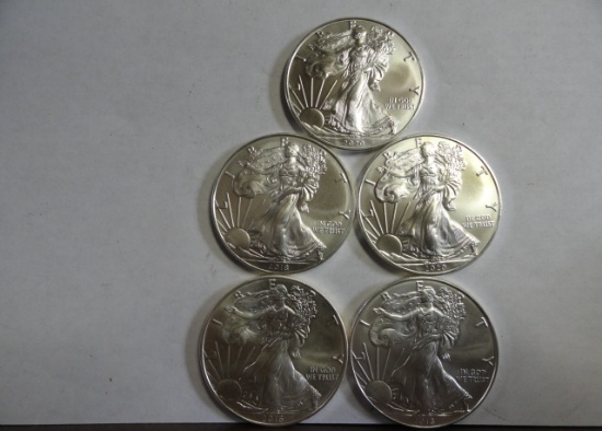 (5) AMERICAN EAGLE .999 FINE SILVER 1 TROY OUNCE COINS: