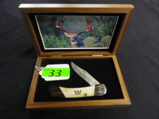 "RUNNING W" KING RANCH BEAR MGC LOCK BLADE KNIFE, 165/250, ANTLER HANDLE