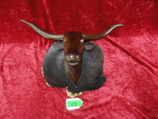 WOOD CARVED LONGHORN ON WOOD BASE WITH "RUNNING W" ON BASE