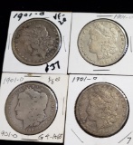 (4) 1901-O MORGAN SILVER DOLLARS