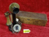 ANTIQUE BOX AND TELEPHONE: FOLK ART BOX (CIRCA 1910) AND STICK PHONE