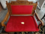 ANTIQUE OAK SETTEE WITH RED VELVET BACK & SEAT