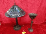 TIFFANY STYLE DRAGONFLY LEADED GLASS LAMP AND ART NOVEAU FIGURINE