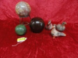 GROUPING OF DÉCOR ITEMS:  STONE ORBS AND 3 STONE BIRDS