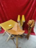 4 LEATHER FOLDING STOOLS, (2) ARE RUNNING W, (2) ARE TRI FOLD