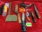 LARGE LOT OF KNIVES: 2 SETS OF POULTRY SHEARS, 4 SHEATH KNIVES, 2 HAND SAWS, SMALL HATCHET