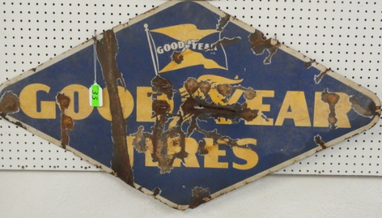 GOODYEAR METAL SIGN (DOUBLE SIDED) RUST AND BULLET HOLES