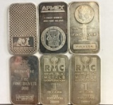 (6) ONE TROY OUNCE SILVER BARS, .999 FINE