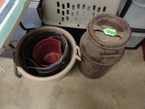 VINTAGE MILK CAN AND 4 BUCKETS