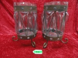 PAIR OF GLASS AND METAL LANTERNS FOR CANDLES