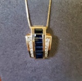 14KT YELLOW GOLD, SAPPHIRE AND DIAMOND PENDANT & CHAIN: