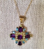 10KT YELLOW GOLD, AMETHYST, CITRINE AND SPINEL CROSS PENDANT