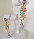 14KT GOLD AND MULTI GEMSTONE DROP EARRINGS: