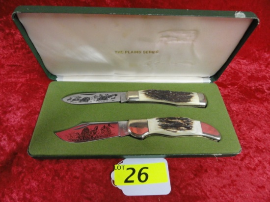 TAYLOR CUTLERY LIMITED ED PLAINS SERIES KNIVES, ELKHORN HANDLES AND ENGRAVED BLADES