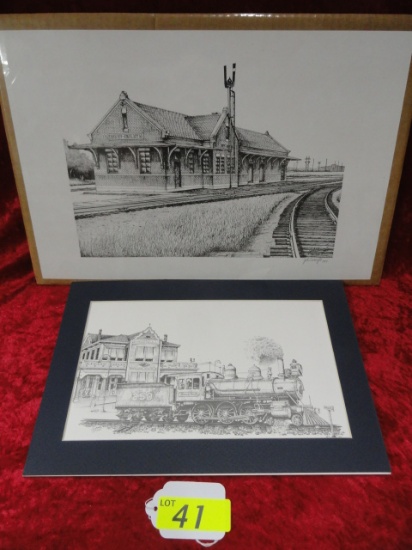 2 UNFRAMED PENCIL DRAWING PRINTS OF TRAIN STATIONS: