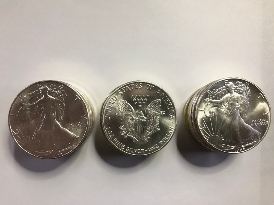 1986, FIRST YEAR, BU ROLL OF 20 AMERICAN EAGLE SILVER COINS