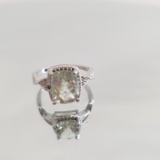 STERLING SILVER AND 3.61 CT GREEN AMETHYST AND DIAMOND RING