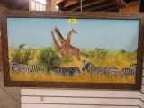 OIL ON CANVAS OF GIRAFFE AND ZEBRAS, SIGNED GARY