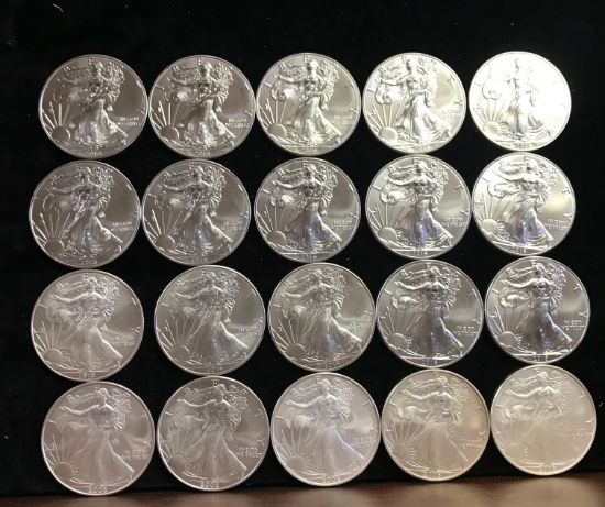 ROLL OF (20) MIXED DATE BU SILVER AMERICAN EAGLE COINS,