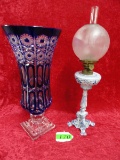 (2) PIECES: COBALT CUT TO CLEAR VASE  DELFT STYLE  KEROSENE LAMP