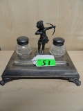 VINTAGE DESK SET/INKWELL, SILVER PLATE STAND WITH CRYSTAL INKWELLS