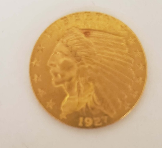 1927 $2.50 INDIAN GOLD COIN, AU CONDITION