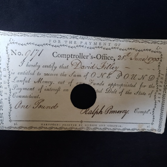 1790 ONE POUND NOTE, PAYMENT FROM INTEREST FROM THE STATE OF CONNECTICUT