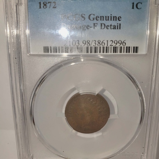 PCGS GENUINE DAMAGE -F DETAIL 1872 INDIAN ONE CENT COIN