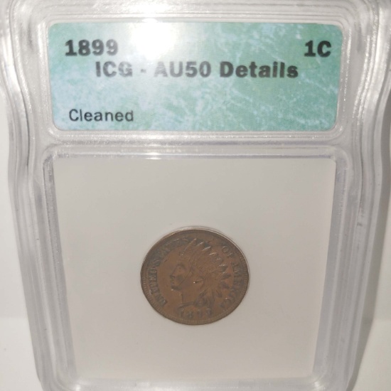 ICG GRADED AU50 DETAILS 1899 INDIAN ONE CENT COIN