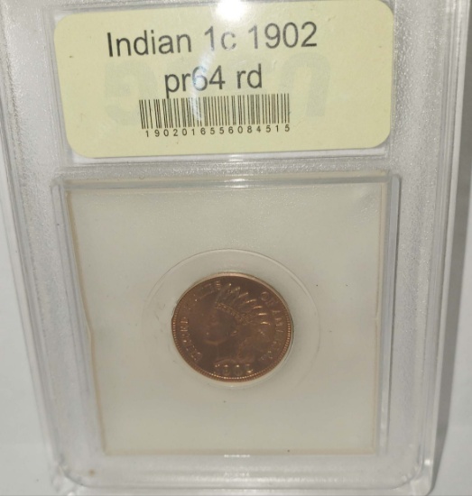 USCG GRADED PR64 RD 1902 INDIAN ONE CENT COIN