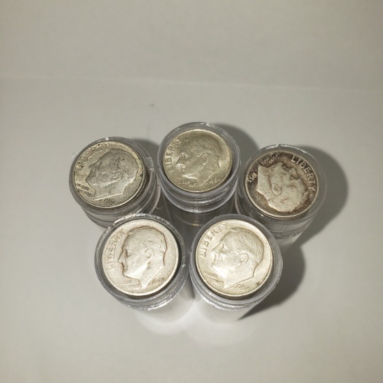 (5) ROLLS OF 50 90% SILVER DIMES, $25 FACE