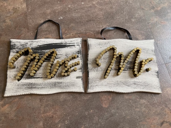 MR & MRS WALL ART FROM WOOD AND RIFLE CARTRIDGES