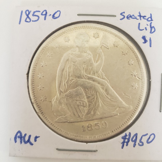 1859-O SEATED LIBERTY $1 COIN, AU+ CONDITION