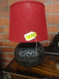 (2) ROUND BASE METAL TABLE LAMPS WITH RED SHADES