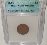 ICG GRADED AU58 DETAILS 1901 INDIAN ONE CENT COIN