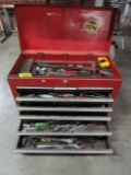 RED TOOLBOX WITH DRAWERS & ASSORTED TOOLS