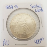 1858-S SEATED LIBERTY 50 CENT COIN, AU CONDITION